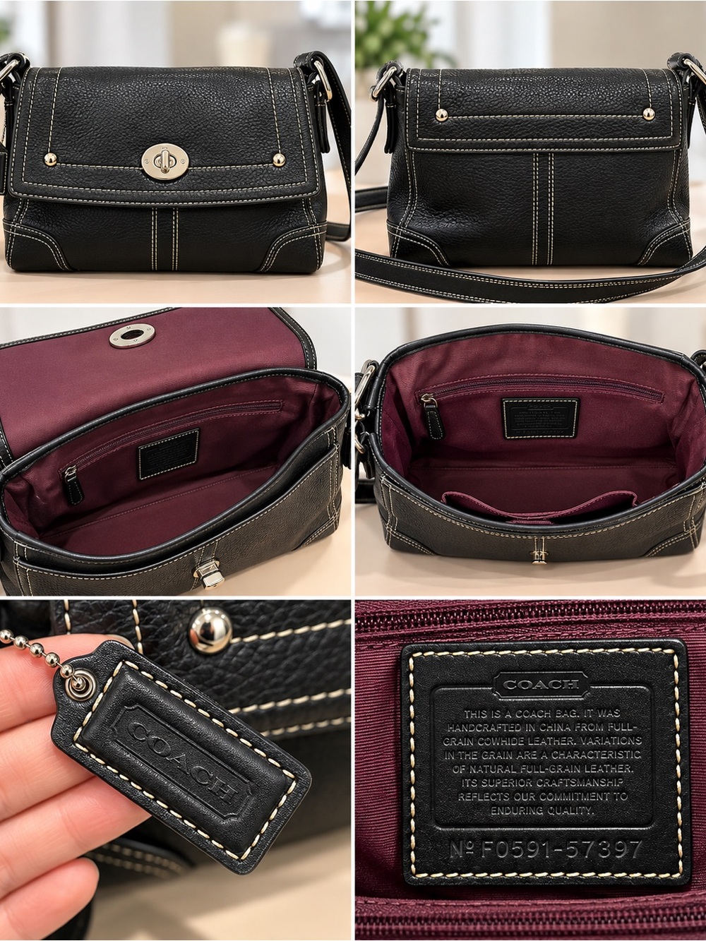 Coach Black Leather Crossbody Bag with Cream Stitching and Burgundy Lining